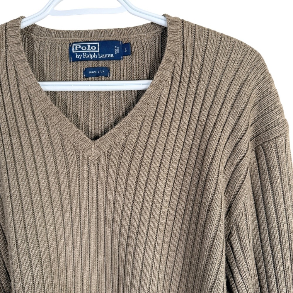 Vintage Polo Ralph Lauren 100% Silk Sweater Mens L Brown Ribbed V-Neck Pullover